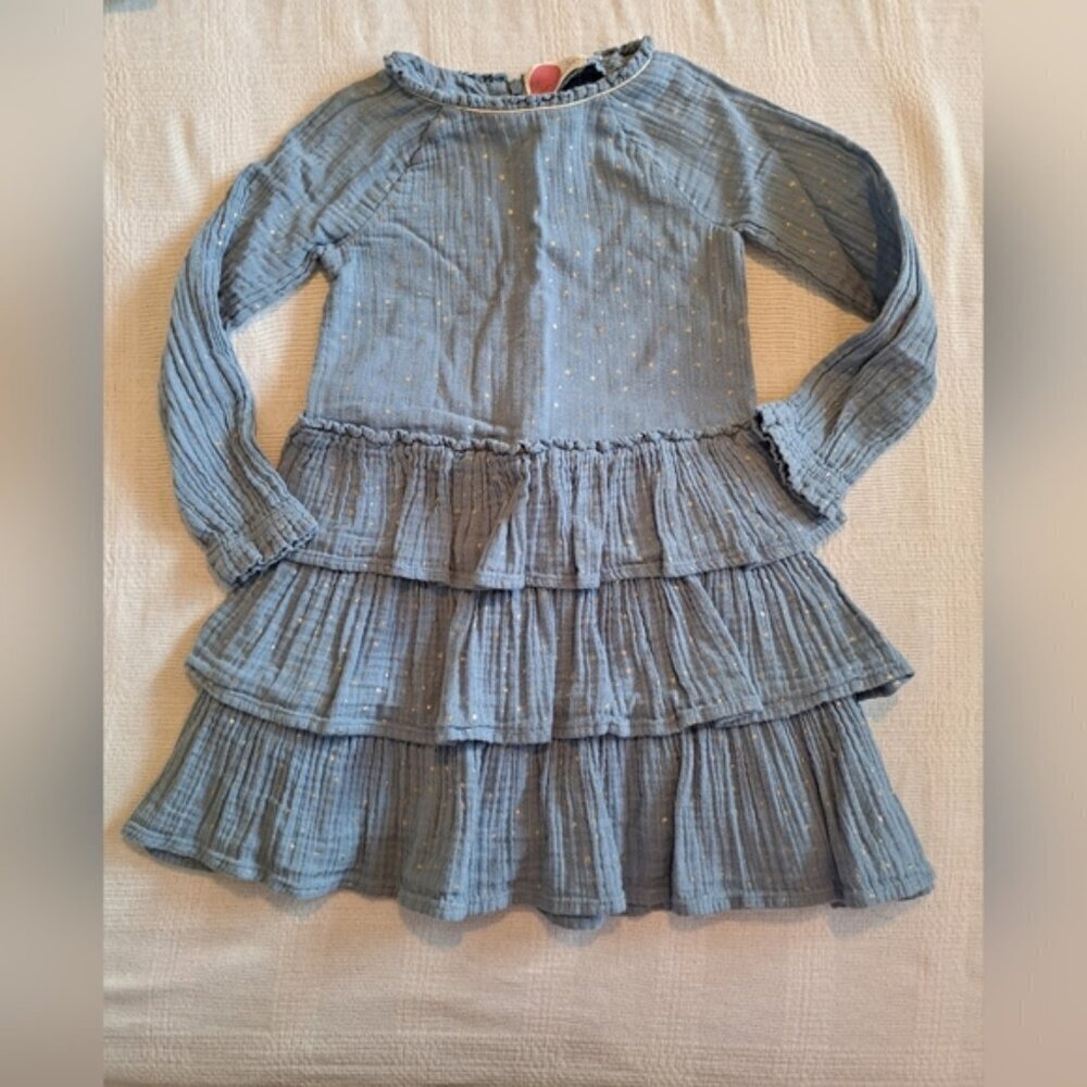 Mini Boden girls 5-6 years light blue with gold star tiered fully lined dress,